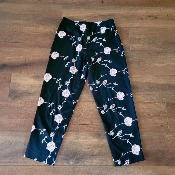 Elliott Lauren Pants Womens Sz 6 Zip Black Pink Floral Embroidery Ankle Crop USA - Picture 2 of 16